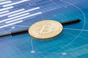 Bitcoin on blue abstract finance background. Bitcoin cryptocurrency