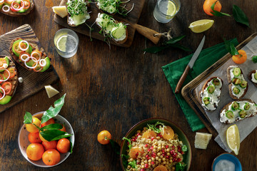 Poster - Frame of vegetarian food. Vegetarian bruschetta, salad quinoa, chickpeas