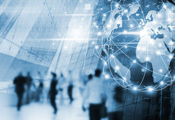 digital global business network connection and people walking in the city with technology design