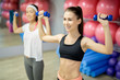 © pressmaster - Slim active girls with dumbbells exercising in modern fitness center