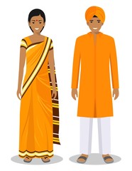 Wall Mural - Set of standing together indian man and woman in the traditional clothing isolated on white background in flat style. Differences people in the east dress. Vector illustration.