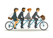 Businessmen and business women riding tandem bicycle together. Business teamwork concept. Vector illustration on white background.
