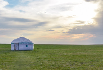 Wall Mural - lone Kalmyk yurt in green spring steppe at sunset Manych-Gudilo, Kalmykia