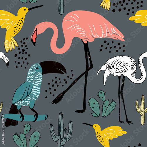 Naklejka dekoracyjna Abstract hand painted seamless animal background. Birds pattern.