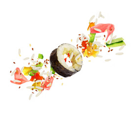 Wall Mural - Sushi roll crumbles in the air isolated on white background