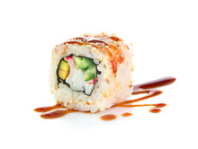 Sushi Roll Isolated On White Background. California Sushi Roll With Tuna, Vegetables And Unagi Sauce Closeup