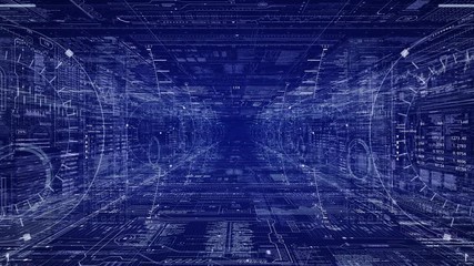 HUD Sci Fi Tunnel in cyberspace.Camera moves through HUD with programming data code text and futuristic HUD elements.Good for tech titles and background, news headline business intro.Blue..Type 3