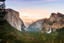 Sunset Over Looking The Three Brothers, Half Dome And El Capitan In Yosemite