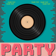 Retro party advertising flyer with old vinyl. Old-fashioned poster design. Vector vintage illustration.Retro background