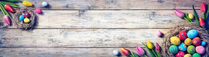 Tulips And Painted Eggs In Nests On Vintage Plank
