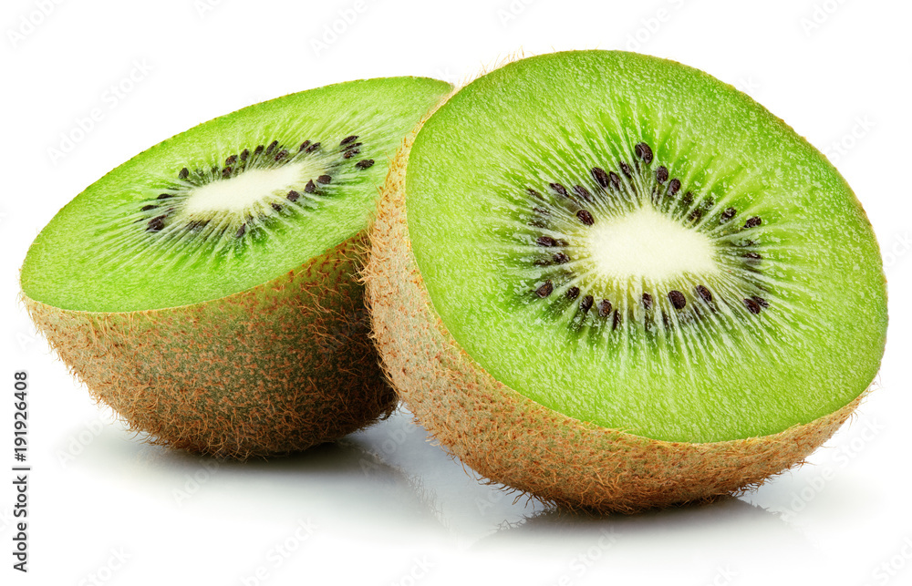 Two halves of ripe kiwi fruit isolated on white background - obrazy, fototapety, plakaty 
