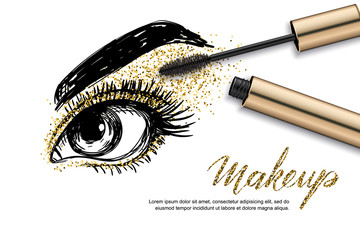 Vector sketch illustration of female eye and makeup mascara. Golden glitters eyeshadows, holiday luxury makeup. Concept for beauty salon, cosmetics label, visage and makeup.