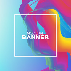 Liquid Wave Poster. Colorful Smoke Shapes with Square frame. Space for text. Abstract Colorful Dynamic Effect on blue. Modern Template Banner. Fluid.