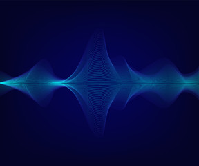 Wall Mural - Vector blue shiny sound wave on dark blue background. Tecnology illustration.