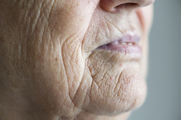 Wall Mural - Side portrait close up of elderly woman's mouth