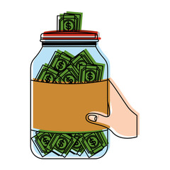 Poster - hand with glass jar and bills vector illustration design