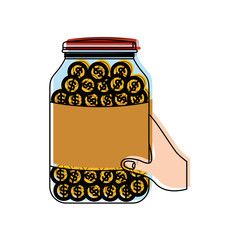 Sticker - hand with glass jar and coins vector illustration design