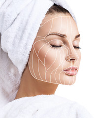 Wall Mural - Graphic lines showing facial lifting effect on skin.