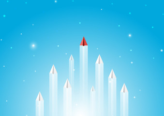 Wall Mural - paper airplanes flying on blue sky with night scene background.paper art style of business teamwork 