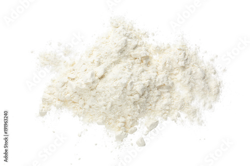 Fotografía Pile of flour isolated on white background. Top view. Flat lay