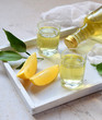 Lemon-flavored Italian liqueur in glass. Delicious yellow alcohol drink. Limoncello liquor. Glass bottle, shot and citrus fruit. Copy space