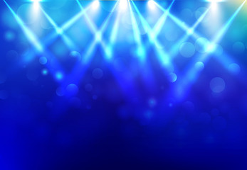 Wall Mural - spotlights lighting disco party stage with blured bokeh on blue dark background.