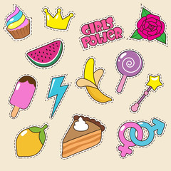 Canvas Print - Ice cream, princess crown and candy lollipop stickers. Vector girl fashion patches