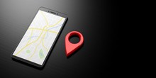 Map Pointer Location On A Smartphone. Map On A Smartphone Screen And Red Location Symbol On A Black Background, Banner, Copy Space. 3d Illustration