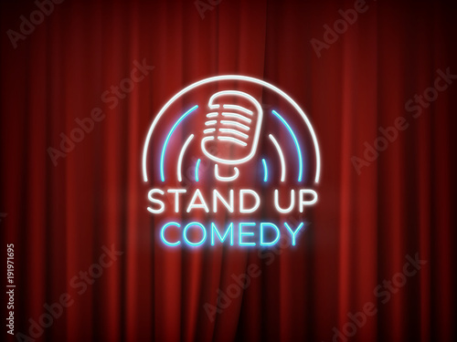 Fotografija Stand up comedy neon sign with microphone and red curtain vector background