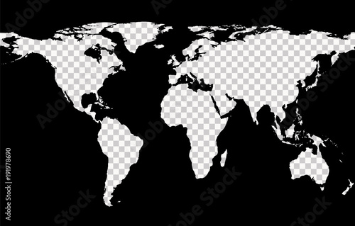 Cuadros en Lienzo Worldwide map with imitation of transparent continents on black background