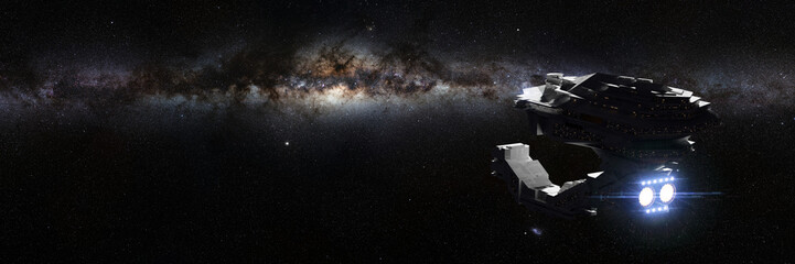 Wall Mural - futuristic spaceship travelling in deep space, detailed spacecraft flying to the milky way galaxy