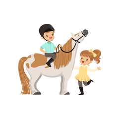 Wall Mural - Cheerful little boy jockey sitting on pony horse, beautiful girl standing next to him, childrens equestrian sport vector Illustration