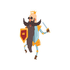 Wall Mural - Funny bald king character holding sword and shield cartoon vector Illustration