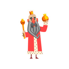 Canvas Print - Funny king character in red mantle holding orb and scepter cartoon vector Illustration