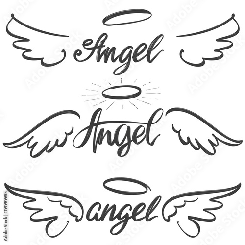 Angel wings icon sketch collection, religious calligraphic text symbol