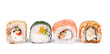 Japanese food restaurant, sushi maki gunkan roll plate or platter set. California Sushi rolls with salmon. Sushi isolated at white background.