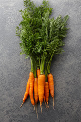 Wall Mural - Fresh carrots bunch on stone countertop background, top view