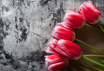 Sticker - Red fresh tulips on wood desk