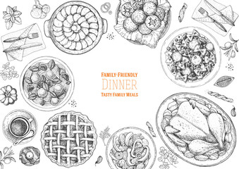 Family dinner top view, vector illustration. Friendly dinner table. Food design template. Engraved style background. Hand drawn sketch, design template.