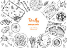 Family Dinner Top View, Vector Illustration. Friendly Dinner Table. Food Design Template. Engraved Style Background. Hand Drawn Sketch, Design Template.