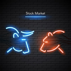 Wall Mural - Image of a bull and bear made of neon lamps on a background in the form of a dark brick wall. Stock Market logo or emblem with bright neon light.