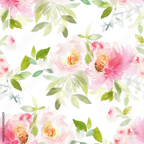 Seamless summer pattern with watercolor flowers handmade.