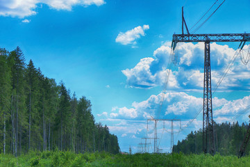 The poles of power lines in the forest zone in summer sunny weather, against the background of green trees and a bright blue sky with clouds.