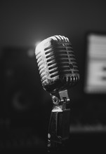Retro Microphone In Home Music Studio. Black And White.