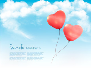 Aufkleber - Valentine heart-shaped baloons in a blue sky with clouds. Vector background