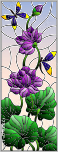 Dekoracja na wymiar  ilustracja-w-stylu-witrazu-z-liscmi-i-kwiatami-lotosu-fioletowymi-kwiatami-i-wazkami