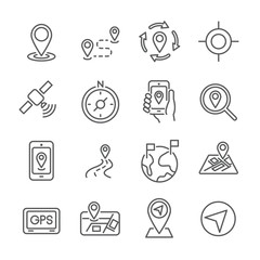 16 line icon location and place concept. editable stroke. vector illustration.