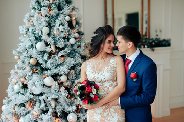 Beautiful young loving wedding couple in new year interior