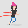 Young female running character crossing the finish line. Red ribbon. Race. Competition. Flat editable vector illustration, clip art