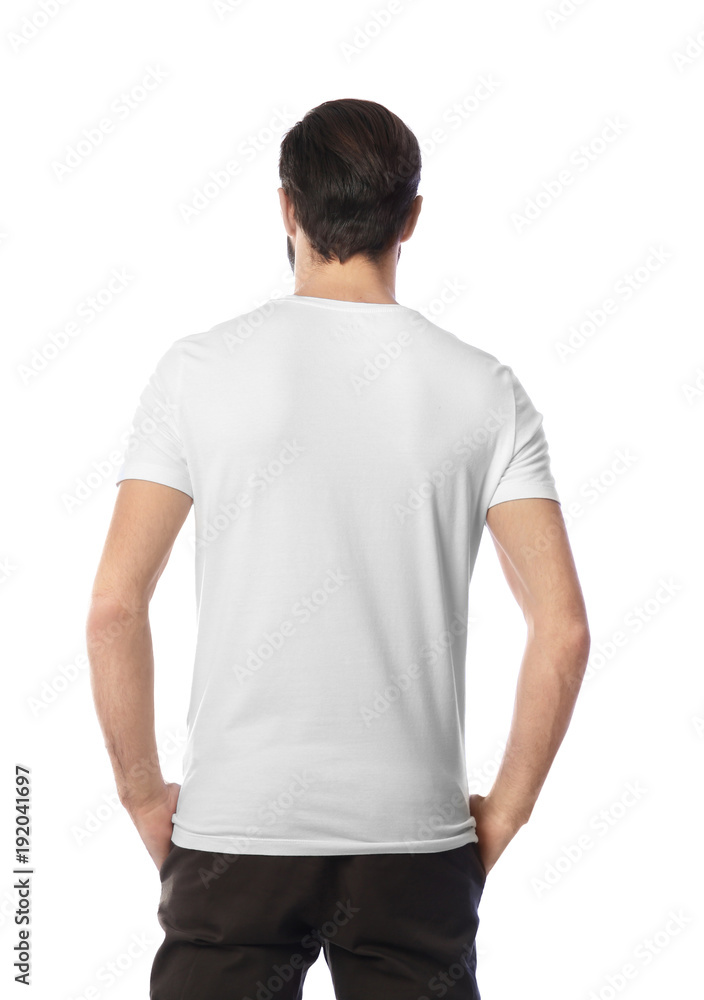 Young man in stylish t-shirt on white background. Mockup for design